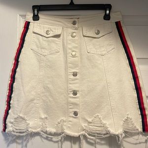 White Signature 8 Denim Skirt with Red and Blue Stripes on Side